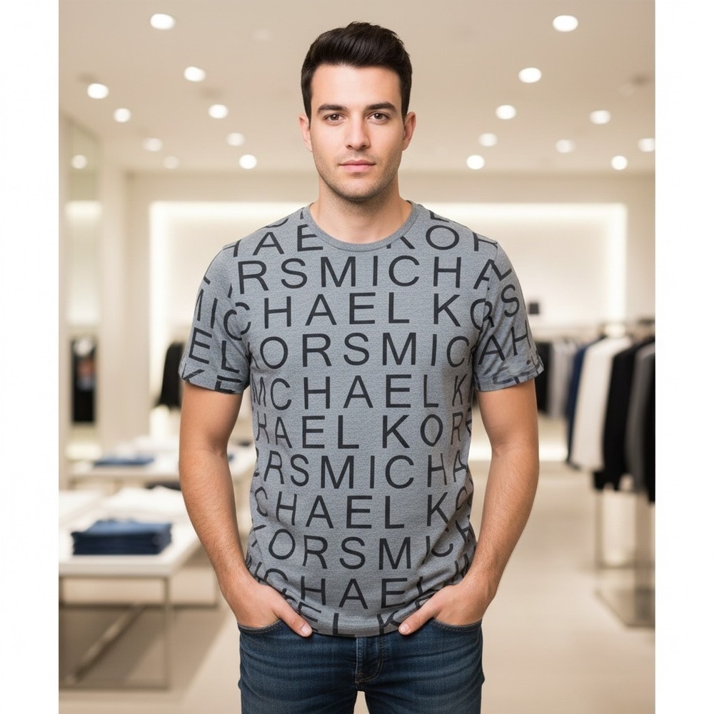 Michael Kors Logo T Shirt‎ Men Medium Gray Black Spell Out 100% Cotton Classic